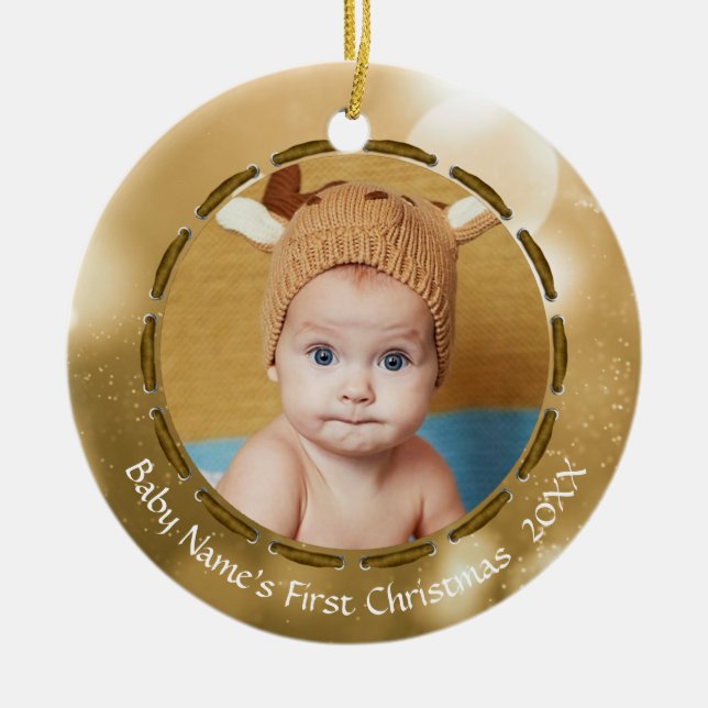 Baby First Christmas Gold Bokeh Personalised Photo Ceramic Tree Decoration (Front)