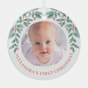 Baby First Christmas Holly Red Green Photo Glass Tree Decoration