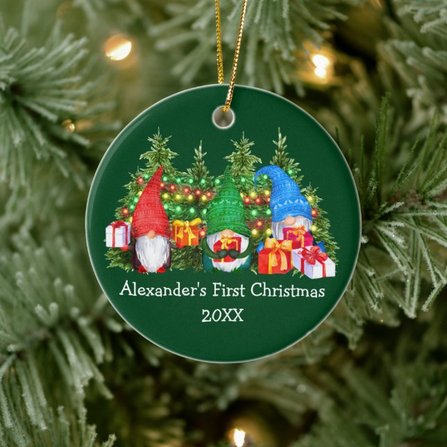 Baby First Christmas Lights Gnomes Green Ceramic Tree Decoration (Tree)