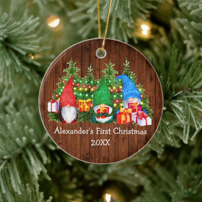 Baby First Christmas Lights Gnomes Rustic Ceramic Tree Decoration (Tree)
