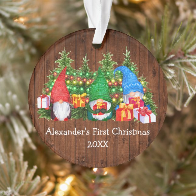 Baby First Christmas Lights Gnomes Rustic Ornament (Tree)