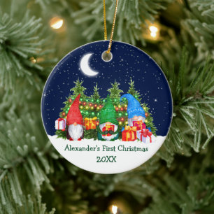 Baby First Christmas Lights Watercolor Gnomes Sky Ceramic Tree Decoration
