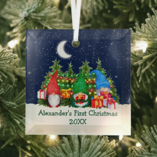 Baby First Christmas Lights Watercolor Gnomes Sky Glass Tree Decoration