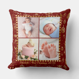 Baby First Christmas Magical Gold Snowflakes Photo Cushion
