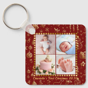 Baby First Christmas Magical Gold Snowflakes Photo Key Ring