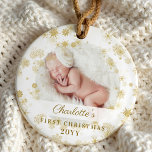 Baby First Christmas Magical Gold Snowflakes Photo Ornament<br><div class="desc">Magical gold snowflake border baby's first Christmas photo keepsake ornament. Baby's first Christmas keepsake ornament can be customised with the baby's name,  the year,  and one photo on the front and one on the back.</div>