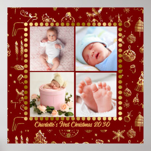 Baby First Christmas Magical Gold Snowflakes Photo Poster