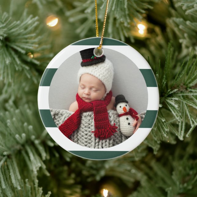 Baby First Christmas Modern Green Stripes Photo Ceramic Tree Decoration (Tree)
