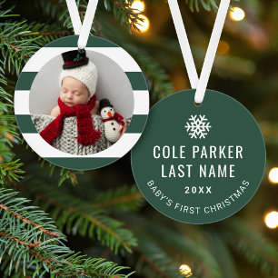 Baby First Christmas Modern Green Stripes Photo Ornament