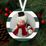 Baby First Christmas Modern Green Stripes Photo Ornament<br><div class="desc">This stylish two-sided holiday photo keepsake ornament features a newborn photo framed by a hunter / pine green and white striped background pattern. The back of the ornament includes "My First Christmas" wording with snowflake accent and custom text for the baby's full name and the year.</div>