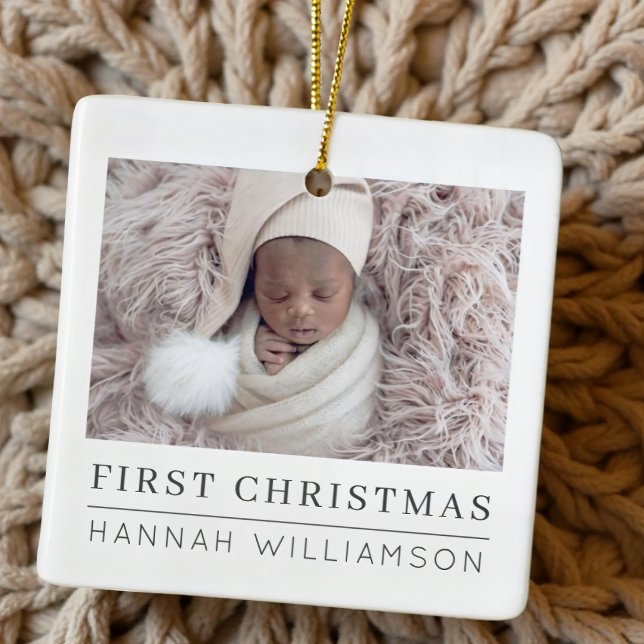 Baby First Christmas Modern Minimalist Photo Ceramic Ornament (Creator Uploaded)