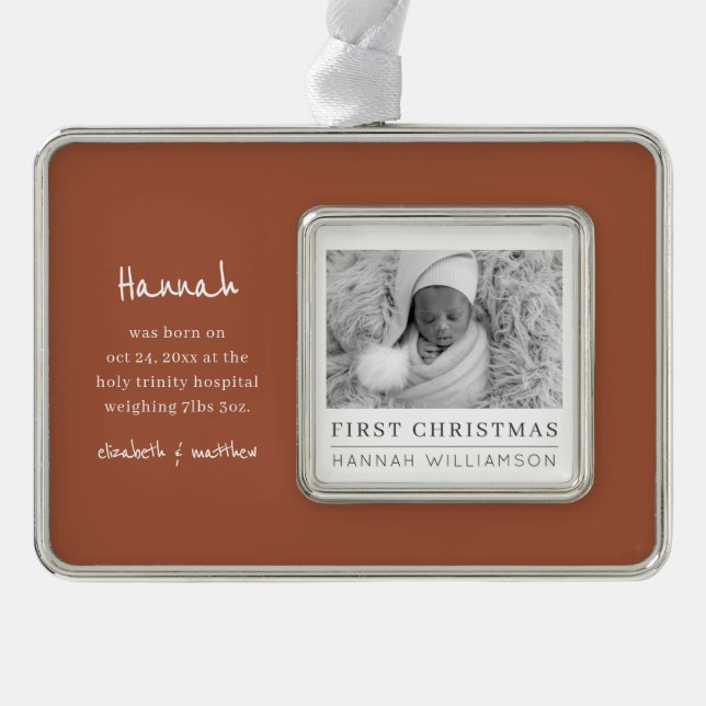 Baby First Christmas Modern Minimalist Photo Silver Plated Framed Ornament (Front)