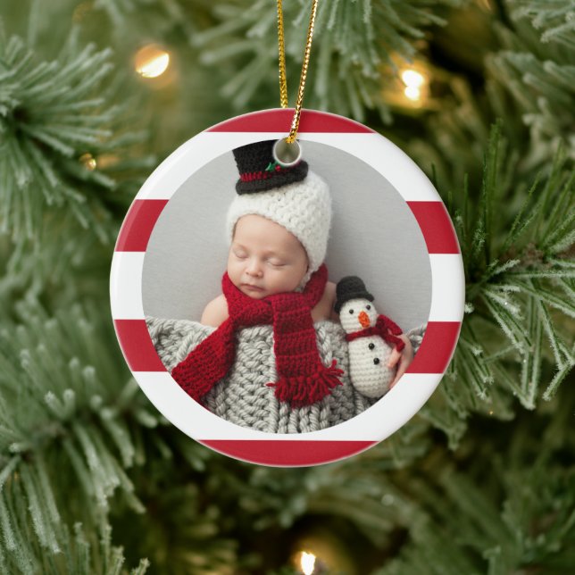 Baby First Christmas Modern Red Stripes Photo Ceramic Tree Decoration (Tree)