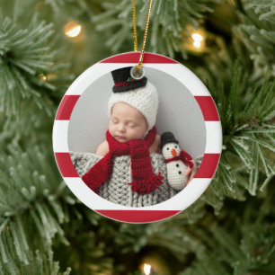 Baby First Christmas Modern Red Stripes Photo Ceramic Tree Decoration