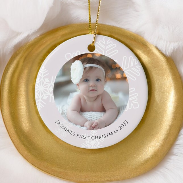 Baby First Christmas modern Snowflakes Photo Ceramic Tree Decoration (cute snowflake pastel pink photo babys first christmas ornament)