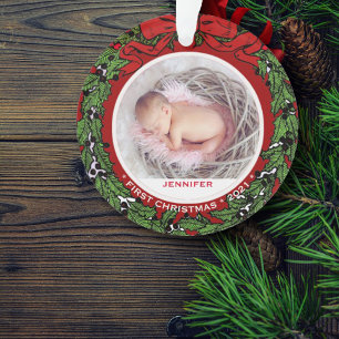 Baby First Christmas monogram name holly wreath Ornament