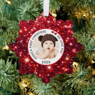 Baby First Christmas Name Photo Red  Tree Decoration Card