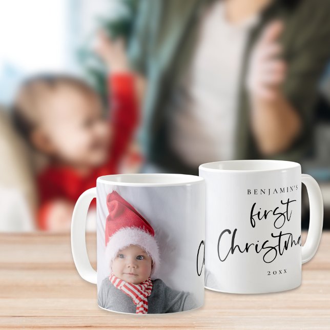 Baby First Christmas Name Year Photo Overlay Coffee Mug (View of both sides)