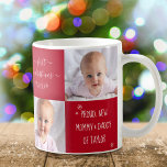 Baby First Christmas New Mum Dad 2 Photo Custom Coffee Mug<br><div class="desc">“First Christmas.” A playful grid of 2 personalised photos of your choice and white handwritten script typography and snowflakes overlaying a red background, helps the proud parents usher in Christmas and New Year. Feel the warmth and joy of the holiday season whenever they use this stylish and modern personalised photo...</div>