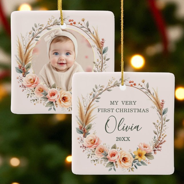 Baby First Christmas Pampas Grass Wildflower Boho  Ceramic Ornament (Creator Uploaded)