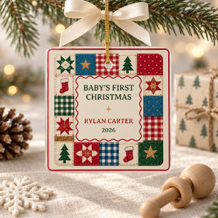 Baby First Christmas Personalised Patchwork Quilt Ceramic Ornament