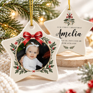 Baby First Christmas Photo Birth Stats Red Bow Ceramic Tree Decoration
