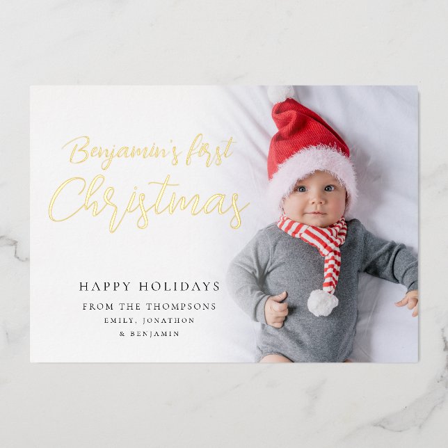 Baby First Christmas Photo Calligraphy Luxury Real Foil Holiday Card (Front)