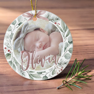 Baby First Christmas Photo Dusty Rose & Greenery Ceramic Tree Decoration