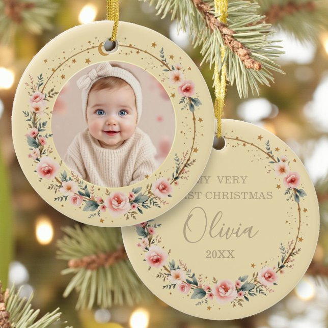 Baby First Christmas Photo Gold Celestial Stars Ceramic Tree Decoration (Creator Uploaded)