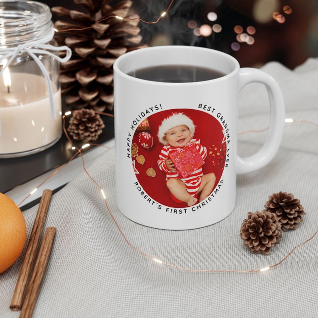 Baby First Christmas Photo Grandma Holiday Coffee Mug (First Christmas Baby Photo Grandma Custom White 11oz Coffee Mug)