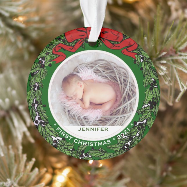 Baby First Christmas photo holly wreath Ornament (Tree)