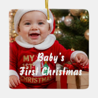 Baby First Christmas Photo Name Year Crimson Ceramic Ornament