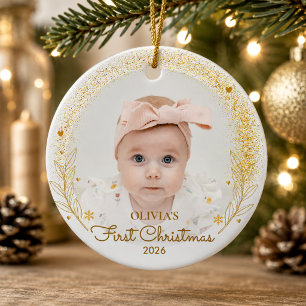 Baby First Christmas Photo Name Year Gold Ceramic Tree Decoration