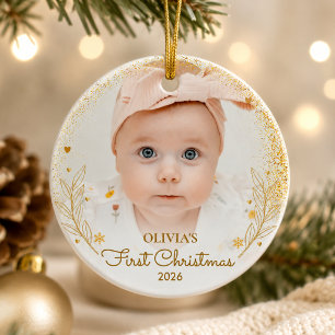 Baby First Christmas Photo Name Year Gold Ceramic Tree Decoration