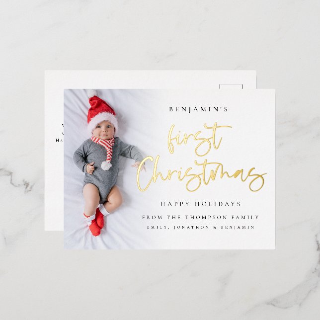 Baby First Christmas Photo Overlay Real Foil Holiday Postcard (Front/Back)