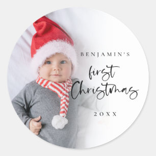 Baby First Christmas Photo Overlay Script Classic Round Sticker