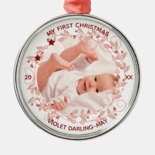 Baby First Christmas Photo - Pink Holly Wreath Metal Tree Decoration