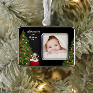 Baby First Christmas Photo Puppy Pet Personalize Silver Plated Framed Ornament