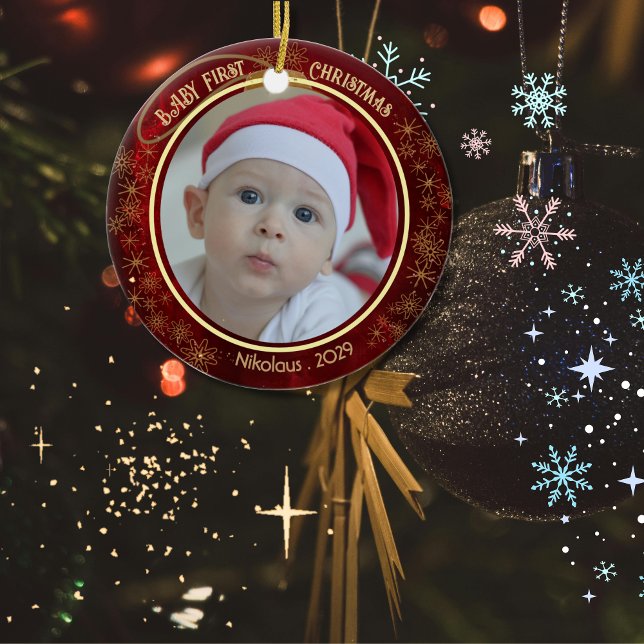 Baby First Christmas Photo Red 2 sided Ceramic Tree Decoration (Baby First Christmas Photo Red 2 sided Ceramic Ornament)