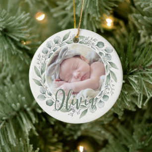 Baby First Christmas Photo Sage Eucalyptus Wreath Ceramic Tree Decoration