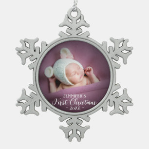 Baby First Christmas Photo Snowflake Pewter Christmas Ornament