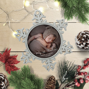 Baby First Christmas Photo Snowflake Pewter Christmas Ornament