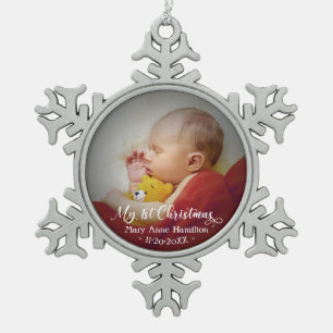 Baby First Christmas Photo Snowflake Pewter Christmas Ornament