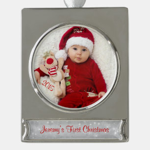 Baby First Christmas Photo Template Silver Plated Banner Ornament