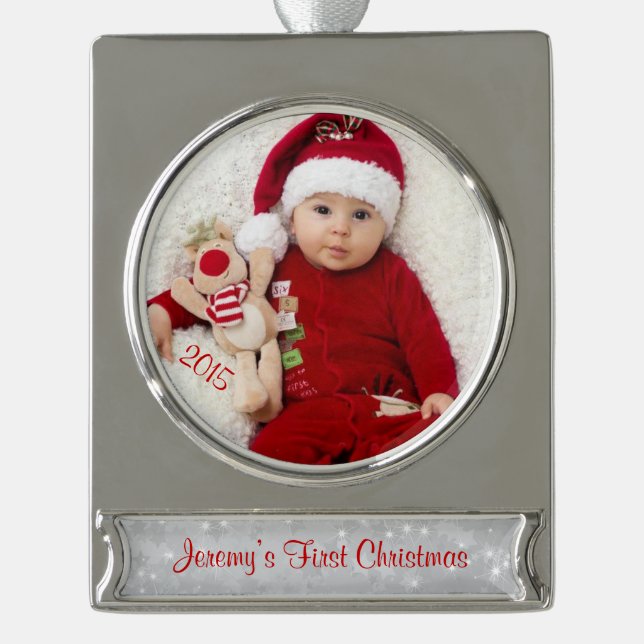 Baby First Christmas Photo Template Silver Plated Banner Ornament (Front)
