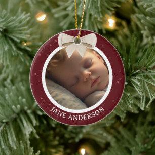 Baby First Christmas Photo White Bow Red Ceramic Tree Decoration