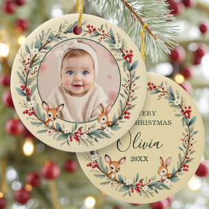 Baby First Christmas Photo Woodland Gold Ceramic Tree Decoration