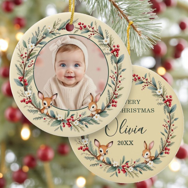 Baby First Christmas Photo Woodland Gold Ceramic Tree Decoration (Creator Uploaded)