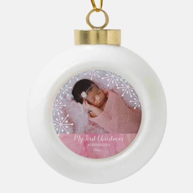 Baby First Christmas Pink Ceramic Ball Christmas O Ceramic Ball Christmas Ornament (Front)