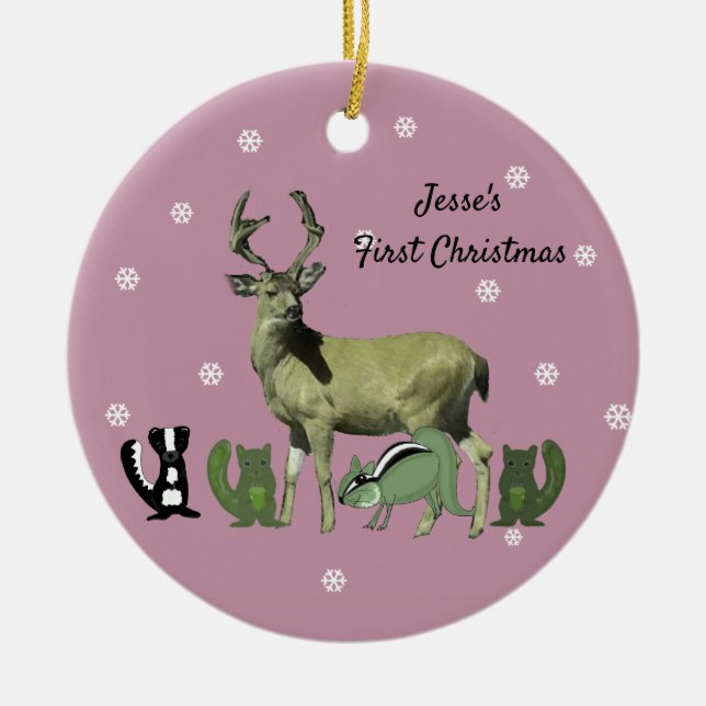 Baby First Christmas Pink Forest Animals Ornament (Front)